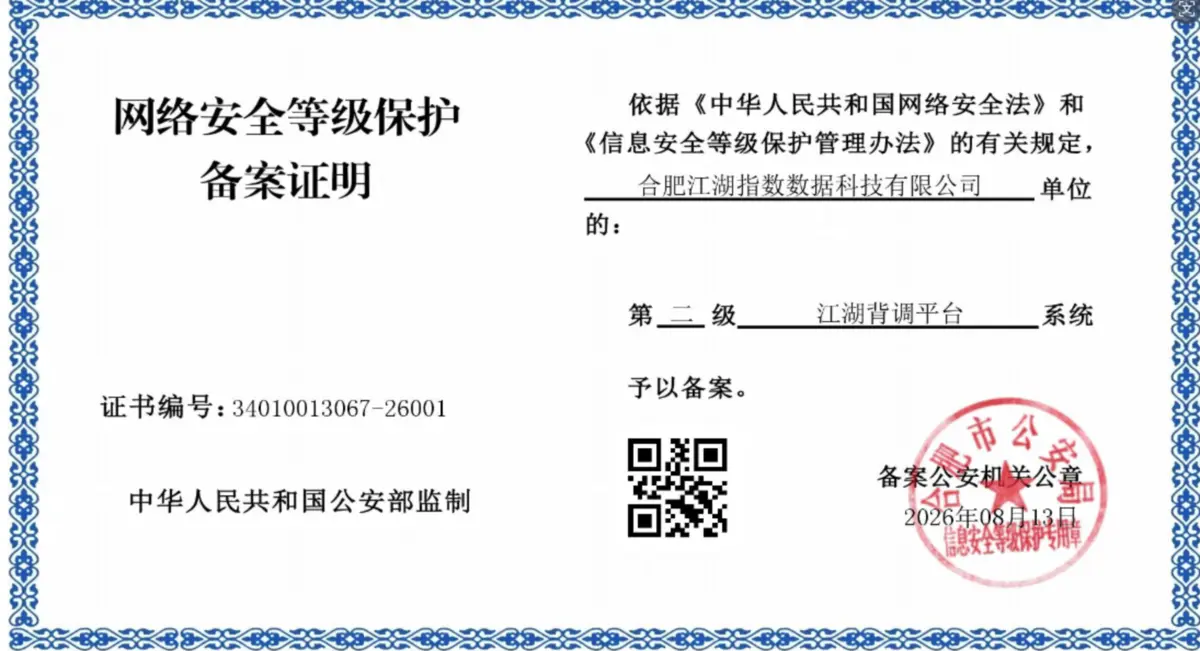 网络安全等级保护备案证书,主体为合肥江湖指数数据科技有限公司